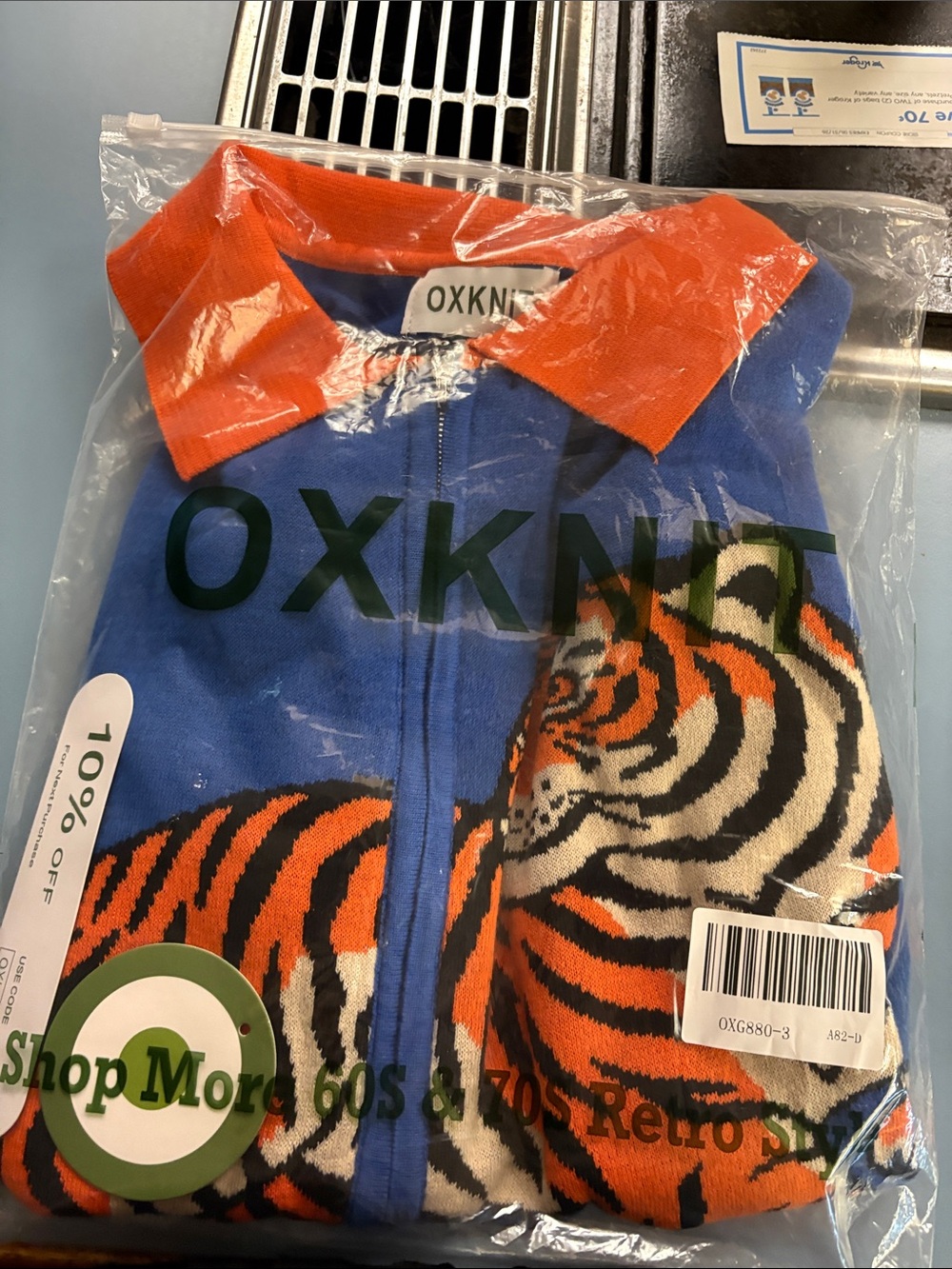 OXKNT Blue & Orange Tiger Zip-Front Dress Shirt